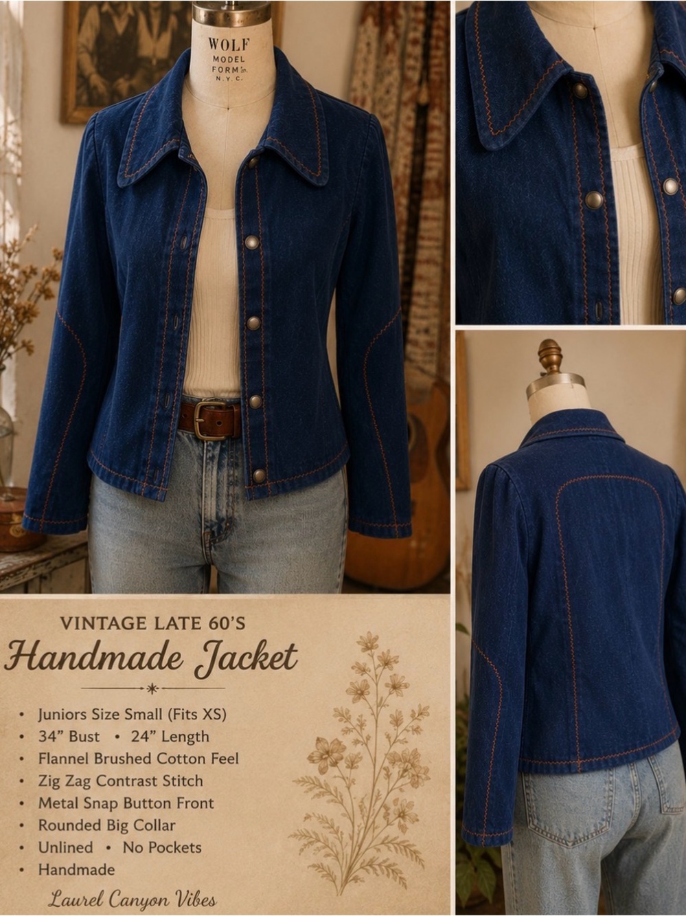 Vintage 60s- Brushed Denim -Button-Front Jacket with Contrast Stitching